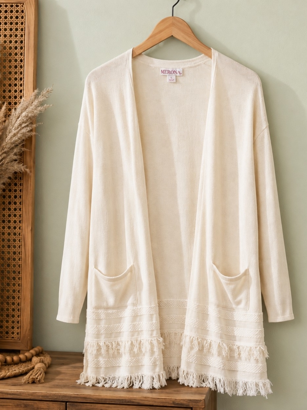 Merona Boho Fringe Longline Cardigan Cream Cotton Sweater Size L